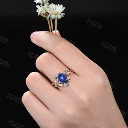 1.5ct Oval Cut Nature Inspired Blue Star Sapphire Engagement Ring Set Branch Leaf Alexandrite Wedding Ring Set Unique Handmade Proposal Gift