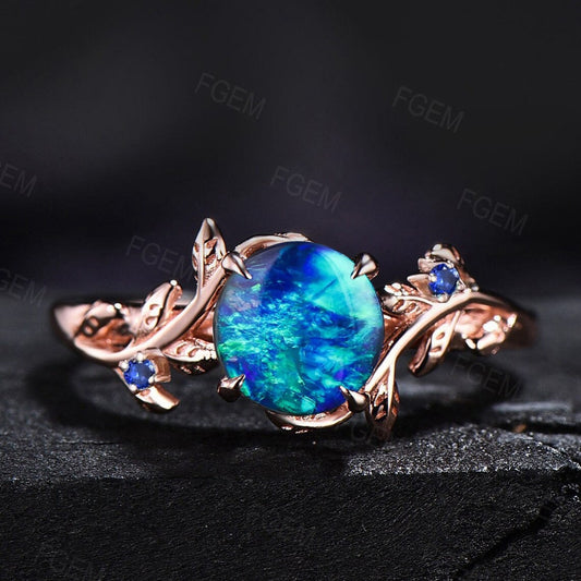 Sterling Silver Blue Fire Opal Jewelry 1ct Round Leaf Opal Engagement Ring Blue Sapphire Wedding Ring Twig Nature Inspired Opal Promise Ring