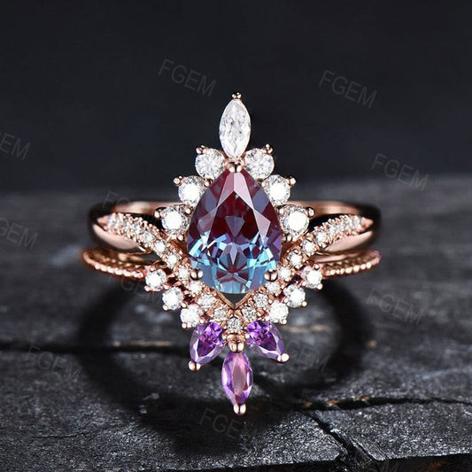 1.25ct Pear Color-Change Alexandrite Ring Set Vintage Halo Engagement Ring Set Moissanite Amethyst Wedding Promise Ring Anniversary Gifts