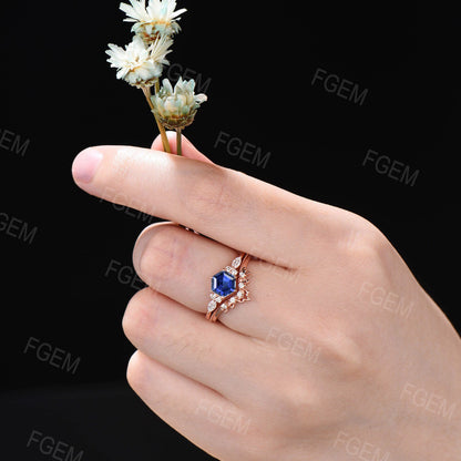 1ct Blue Sapphire Engagement Ring Set Vintage Hexagon Bridal Set September Birthstone Wedding Ring Blue Gemstone Promise Ring Gift for Women
