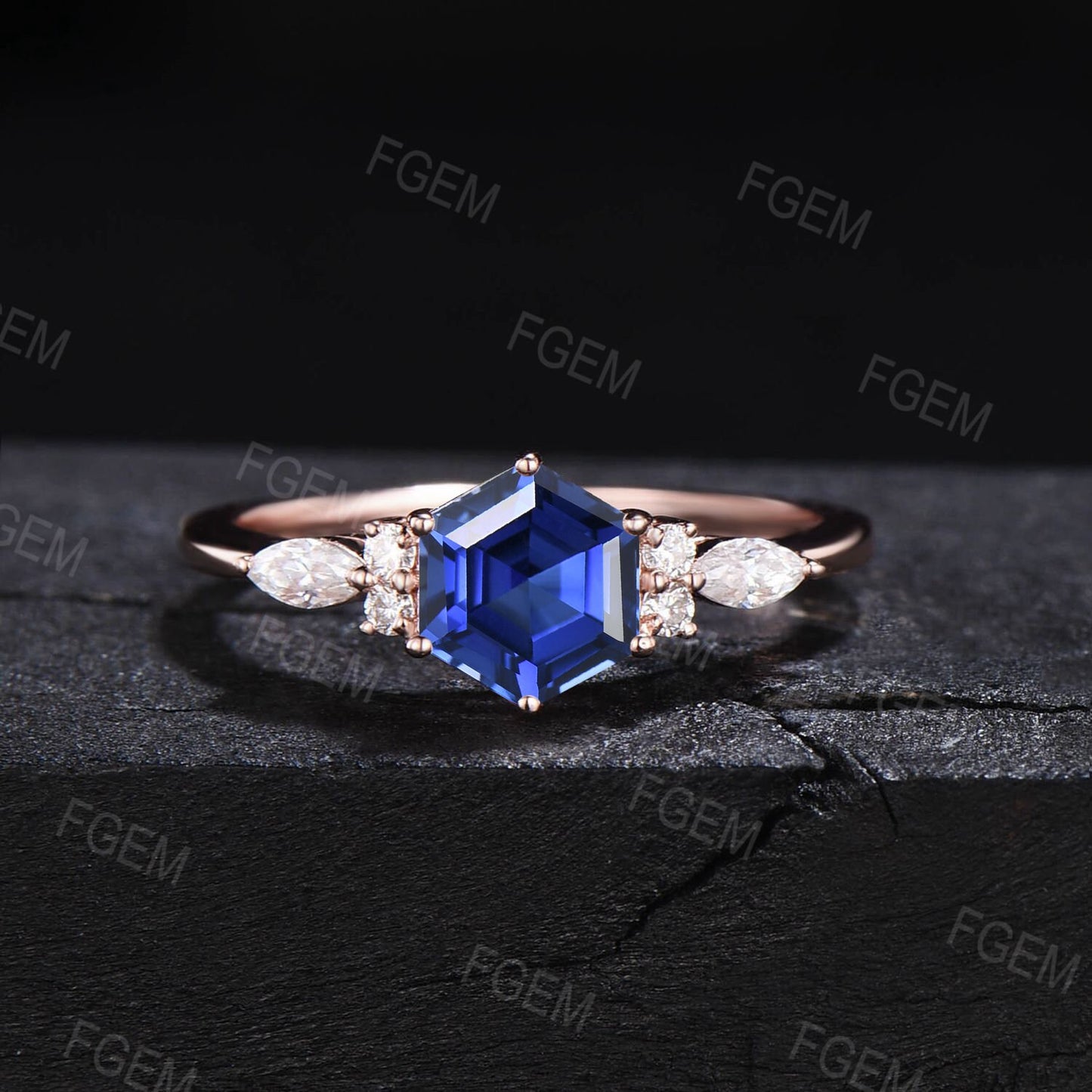 1ct Blue Sapphire Engagement Ring Set Vintage Hexagon Bridal Set September Birthstone Wedding Ring Blue Gemstone Promise Ring Gift for Women