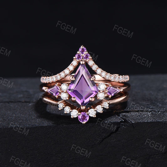 Kite Amethyst Moissanite Bridal Set Vintage 10K/14K/18K Rose Gold February Birthstone Wedding Ring Purple Crystal Anniversary Promise Gifts