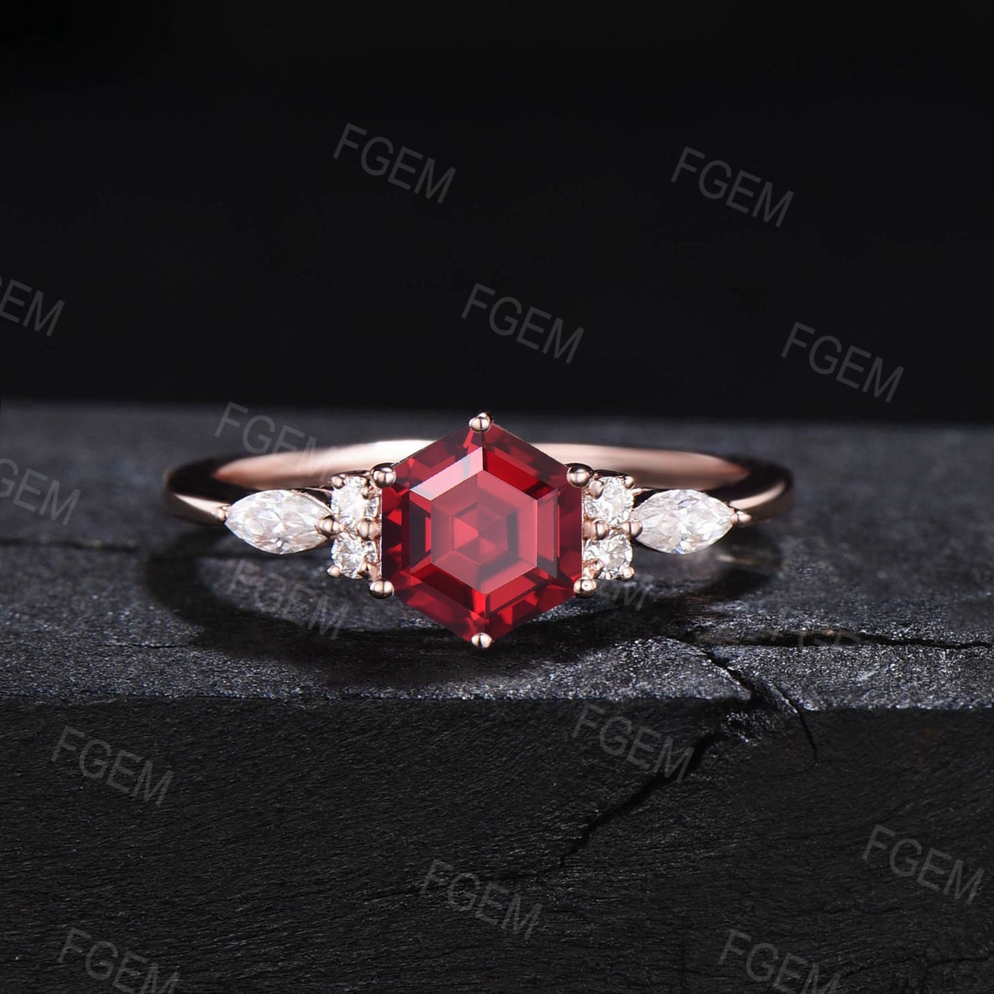 Sterling Silver Red Gemstone Jewelry Vintage 1ct Hexagon Ring Set Ruby Engagement Ring Set Anniversary/Birthday Gift July Birthstone Ring