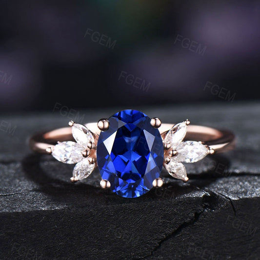 Sterling Silver 1.5CT Oval Blue Sapphire Cluster Promise Ring Vintage Blue Wedding Ring September Birthstone Gift Unique Blue Gemstone Ring