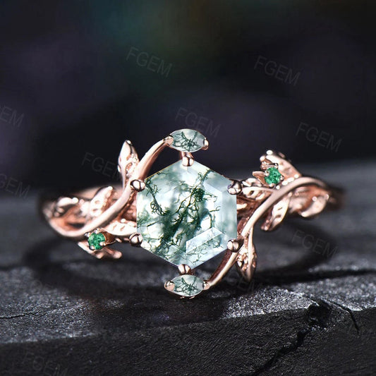 Nature Inspired Natural Moss Agate Ring Vintage 1ct Hexagon Engagement Ring Branch Leaf Cluster Emerald Ring Green Gemstone Proposal Gift