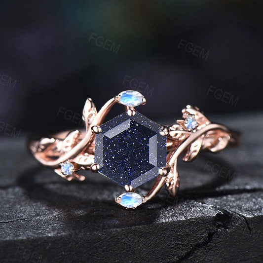 1ct Hexagon Nature Inspired Galaxy Blue Sandstone Ring Vintage Branch Leaf Blue Goldstone Ring Moonstone Ring Unique Proposal Gift for Women