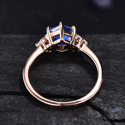 Sterling Silver Hexagon Blue Sapphire Engagement Ring Vintage Blue Sapphire Promise Ring September Birthstone 1ct Blue Gemstone Ring Women