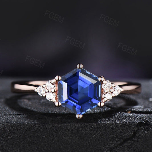 Sterling Silver Hexagon Blue Sapphire Engagement Ring Vintage Blue Sapphire Promise Ring September Birthstone 1ct Blue Gemstone Ring Women