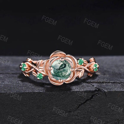 Natural Moss Agate Rose Flower Engagement Ring 10K Rose Gold Round Cut Moss Agate Leaf Floral Nature Ring Alternative Green Gemstone Jewelry