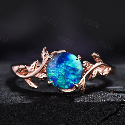 Sterling Silver Round Blue Opal Ring Fire Opal Jewelry 1ct Dainty Branch Opal Engagement Ring Twig Nature Inspired Blue Opal Promise Ring
