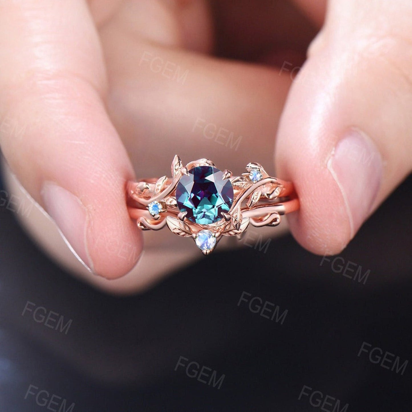 1ct Round Cut Nature Inspired Alexandrite Ring Set Moonstone Wedding Ring Leaf Vine Ring Set Unique Branch Design Promise Anniversary Gifts