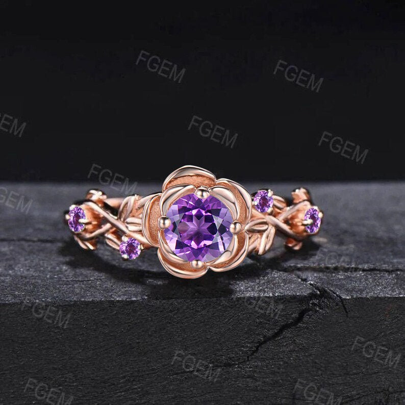 Nature Inspired Flower Amethyst Engagement Ring 5mm Round Purple Crystal Wedding Ring Leaf Floral Amethyst Ring February Birthstone Gifts