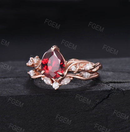Nature Inspired Red Ruby Ring Set Vintage 1.25ct Pear Shaped Branch Twig Moissanite Ruby Engagement Ring Twist Leaf Ruby Wedding Ring Set