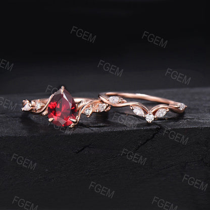 Nature Inspired Red Ruby Ring Set Vintage 1.25ct Pear Shaped Branch Twig Moissanite Ruby Engagement Ring Twist Leaf Ruby Wedding Ring Set