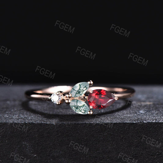 Unique Moss Agate Ruby Engagement Ring Dainty Pear Red Ruby Ring Marquise Moss Ring July Birthstone Minimalist Wedding Ring Birthday Gifts