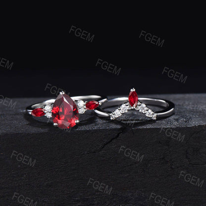 1.25ct Teardrop Ruby Engagement Ring Set 10K White Gold Red Gemstone Jewelry Unique Anniversary/Birthday Gift Women July Birthstone Ring
