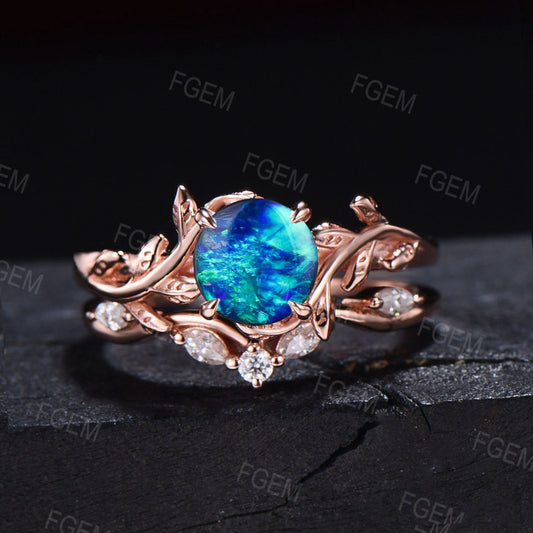 1ct Round Cut Leaf Branch Blue Fire Opal Engagement Ring Set 10K Rose Gold Twig Nature Inspired Dark Blue Opal Moissanite Promise Ring Gift
