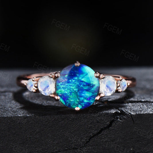 1.2ct Round Cut Blue Opal Engagement Ring Rose Gold Blue Fire Opal Moonstone Wedding Ring Dainty Handmade Jewelry Anniversary Gift for Women