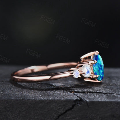 1.2ct Round Cut Blue Opal Engagement Ring Rose Gold Blue Fire Opal Moonstone Wedding Ring Dainty Handmade Jewelry Anniversary Gift for Women