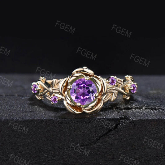 Nature Inspired Flower Amethyst Engagement Ring 5mm Round Purple Crystal Wedding Ring Leaf Floral Amethyst Ring February Birthstone Gifts