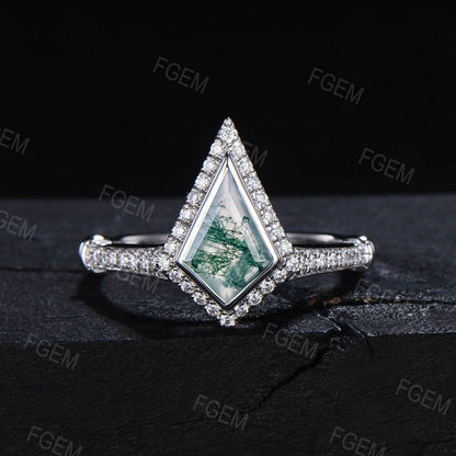 Kite Cut Natural Moss Agate Engagement Ring Set 10K White Gold Halo Solitaire Bezel Moissanite Wedding Promise Ring Unique Anniversary Gifts