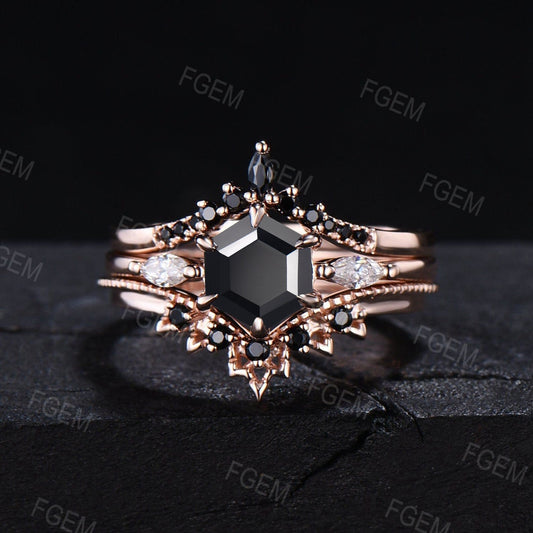 Unique Black Bridal Set 3pcs Hexagon Cut Black Onyx Engagement Ring Set Vintage Antique Art Deco Gothic Black Wedding Ring Set Promise Ring