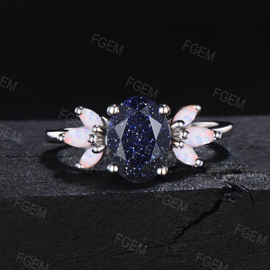 Hypoallergenic Sterling Silver 1.5ct Oval Galaxy Starry Sky Blue Sandstone Opal Cluster Engagement Rings Unique Handmade Proposal Gift Women