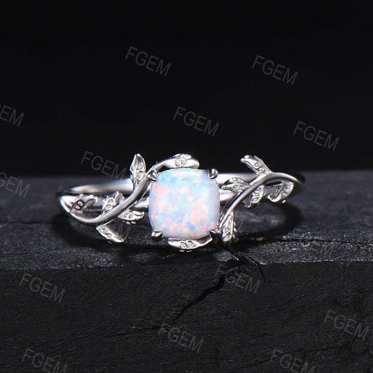 Cushion White Opal Engagement Ring Sterling Silver Branch Leaf Nature Inspired Opal Jewelry October Birthstone Birthday Gift Platinum Ring