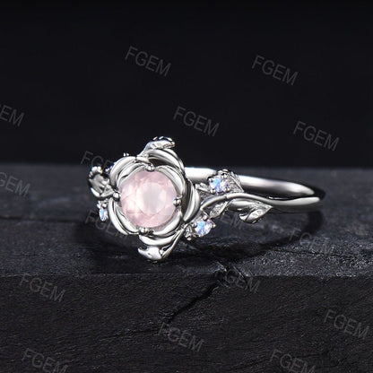 Rose Flower Engagement Ring 5mm Round Natural Pink Rose Quartz Wedding Ring Nature Inspired Leaf Floral Moonstone Ring Valentine's Day Gift