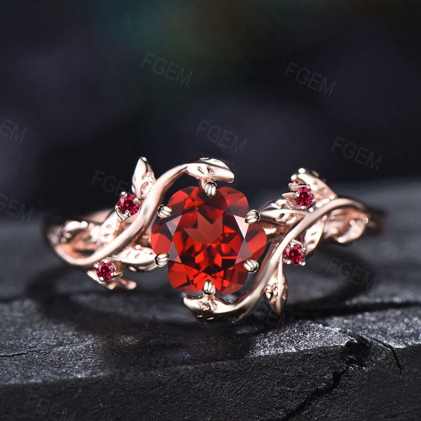 Rose Cut Natural Red Garnet Jewelry 10K Rose Gold Nature Inspired Twig Leaf Garnet Engagement Ring January Birthstone Valentine's Day Gifts
