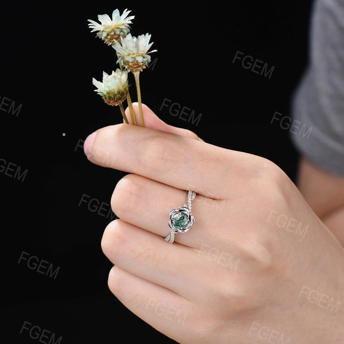 Nature Inspired Flower Moss Agate Engagement Ring Two Tone Rose Flower Moss Wedding Ring Vintage Leaf Branch Moss Agate Ring Moissanite Ring