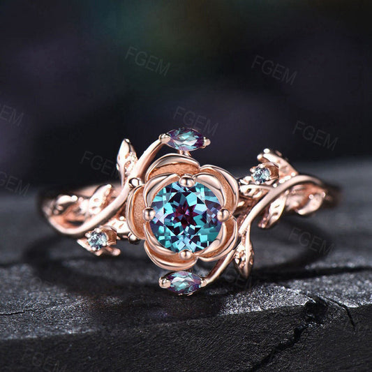 Rose Flower Alexandrite Engagement Ring 5mm Round Leaf Branch Nature Inspired Color-Change Alexandrite Wedding Ring June Birthstone Gifts
