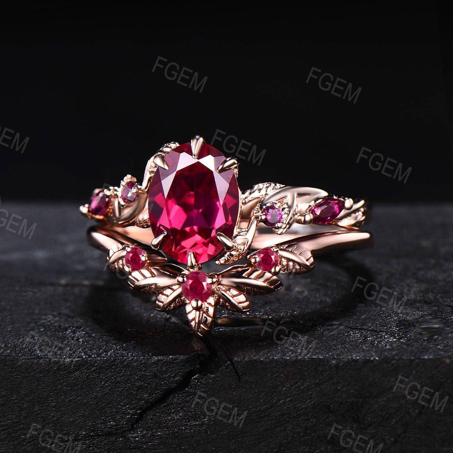 1.5ct Oval Nature Ruby Gemstone Jewelry 10K Rose Gold Twig Leaf Ruby Engagement Ring Set Unique Anniversary Ring Women July Birthstone Gift