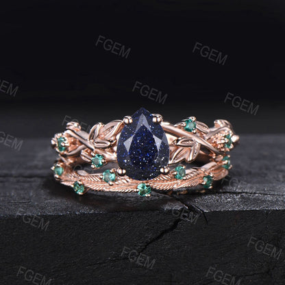 Nature Inspired Galaxy Blue Goldstone Engagement Ring Set Vintage 1.25ct Pear Unique Branch Twist Leaf Cluster Green Emerald Wedding Ring