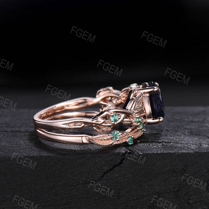 Nature Inspired Galaxy Blue Goldstone Engagement Ring Set Vintage 1.25ct Pear Unique Branch Twist Leaf Cluster Green Emerald Wedding Ring