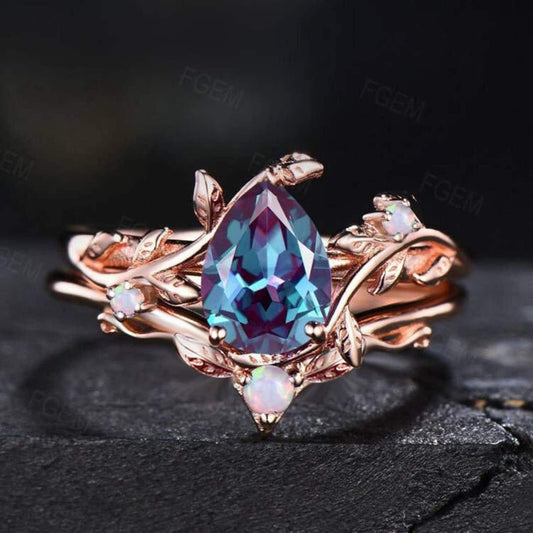 Nature Inspired Alexandrite Opal Bridal Set Color Change Stone 1.25ct Pear Alexandrite Engagement Ring Set Leaf Vine Branch Promise Rings