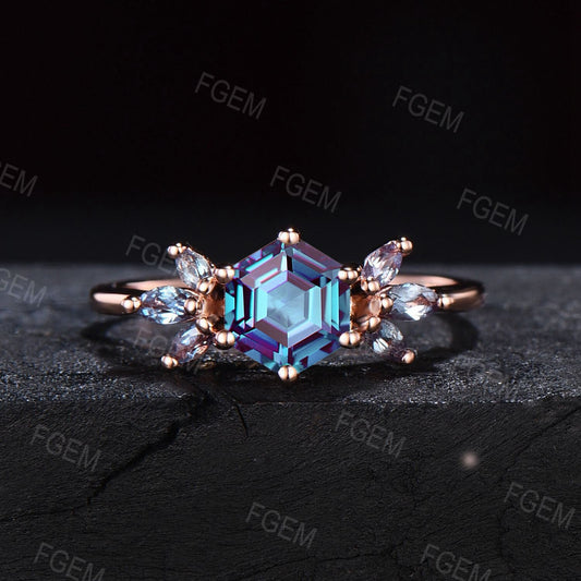 1ct Hexagon Cut Color-Change Alexandrite Ring Marquise Cut Alexandrite Cluster Ring June Birthstone Wedding Ring Unique Birthday Gift Women