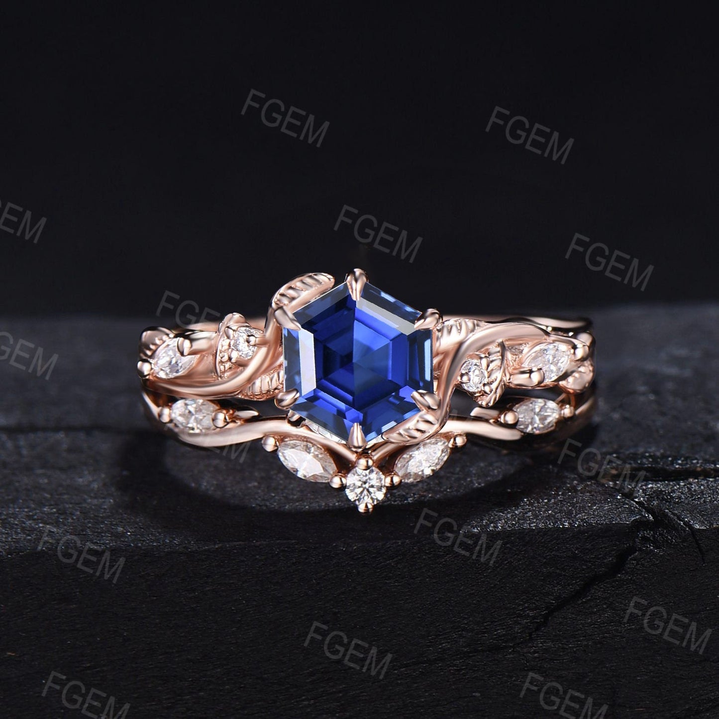 Nature Inspired Twist Vine Blue Sapphire Leaf Engagement Ring Set Vintage 1ct Hexagon Ring Set Handmade September Birthstone Wedding Gifts