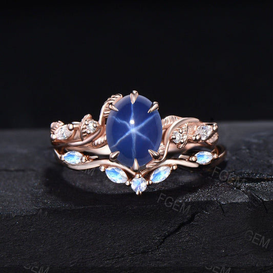Nature Inspired 1.5ct Oval Starry Sky Blue Star Sapphire Engagement Ring Cluster Moonstone Wedding Ring Twist Twig Leaf Branch Bridal Set
