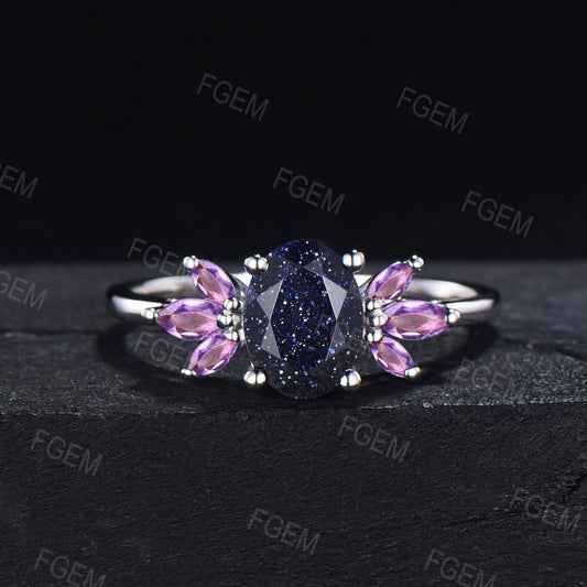 1.5ct Oval White Gold Galaxy Starry Sky Blue Sandstone Cluster Engagement Ring Purple Amethyst Ring Unique Handmade Proposal Gifts for Women