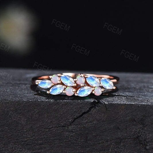 Vintage Moonstone Opal Wedding Band 10K Rose Gold Marquise Cut Moonstone Cluster Wedding Ring Matching Stacking Band Opal Half Eternity Ring