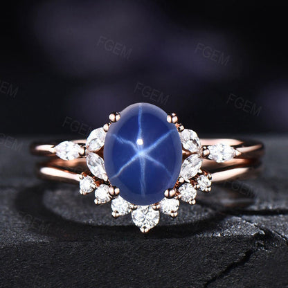 Sterling Silver Blue Star Sapphire Proposal Ring Set 1.5ct Oval Cut Vintage Womens Lindy Star Sapphire Cabochon Ring Hypoallergenic Jewelry