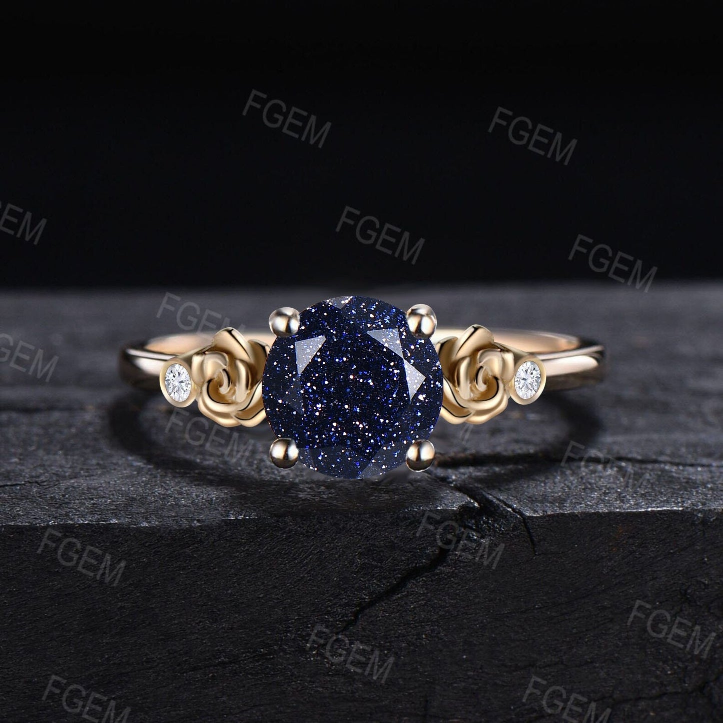 Nature Inspired Round Blue Sandstone Engagement Ring Floral Blue Gemstone Ring Rose Flower Blue Goldstone Ring Valentine's Day Gift Women