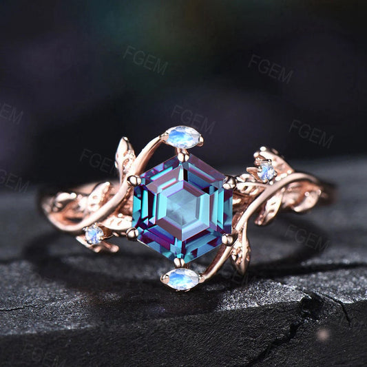 Nature Inspired Alexandrite Moonstone Ring Vintage 1ct Branch Leaf Hexagon Alexandrite Cluster Engagement Ring June Birthstone Jewelry Gift
