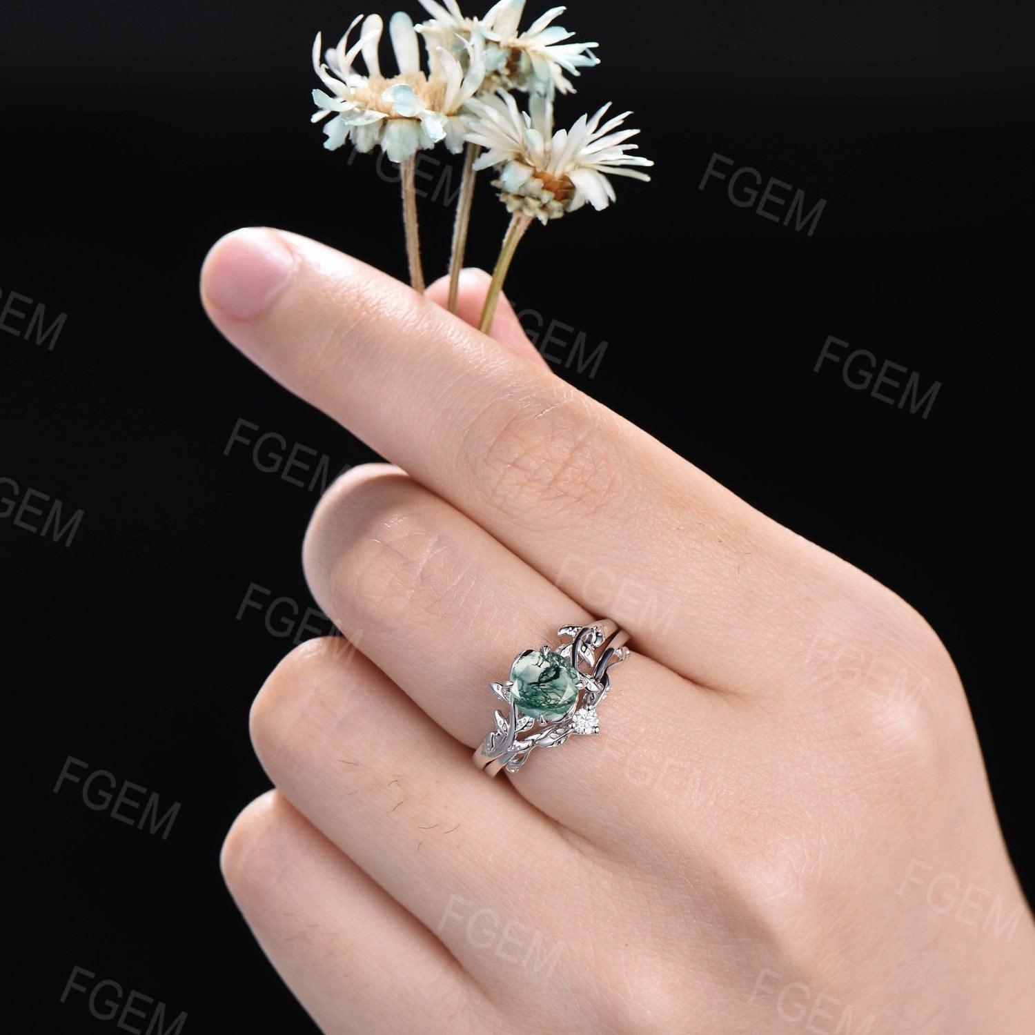 1ct outlet Round Cut Natural Moss Agate Engagement Rings Set 14k Rose Gold Branch Design Solitaire Rings Unique Leaf Wedding Ring Anniversary Gift