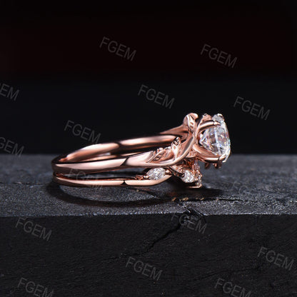 Nature Inspired Moissanite Engagement Ring Set 1ct 6.5mm Round Cut Moissanite Diamond Wedding Ring Set Leaf Vine Ring Branch Bridal Set Gift