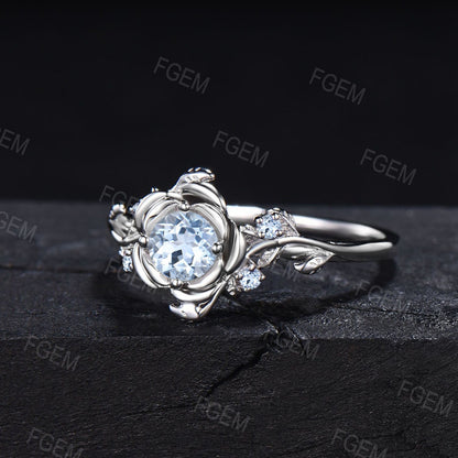 Rose Flower Engagement Ring 5mm Round Natural Aquamarine Wedding Ring 10K Rose Gold Nature Inspired Leaf Floral Aquamarine Ring Promise Gift