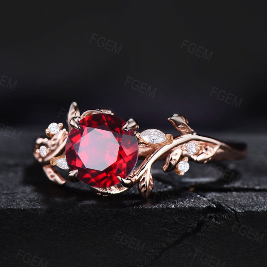 1ct Round Nature Inspired Ruby Engagement Ring Red Gemstone Jewelry Twig Leaf Cluster Moissanite Ring Anniversary Ring July Birthstone Gift