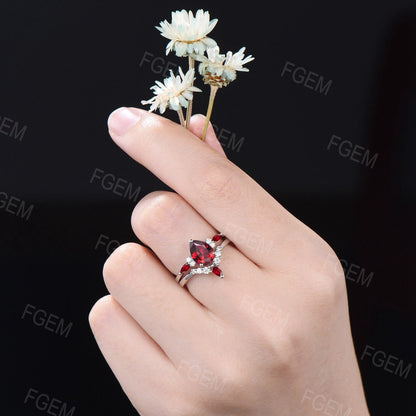1.25ct Teardrop Ruby Engagement Ring Set 10K White Gold Red Gemstone Jewelry Unique Anniversary/Birthday Gift Women July Birthstone Ring