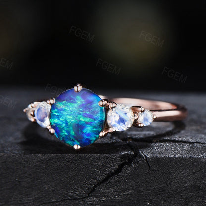1.2ct Round Cut Blue Opal Engagement Ring Rose Gold Blue Fire Opal Moonstone Wedding Ring Dainty Handmade Jewelry Anniversary Gift for Women